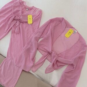 Bananhot Light Pink Sheer Tie-Front Robe Top and match pants (set)